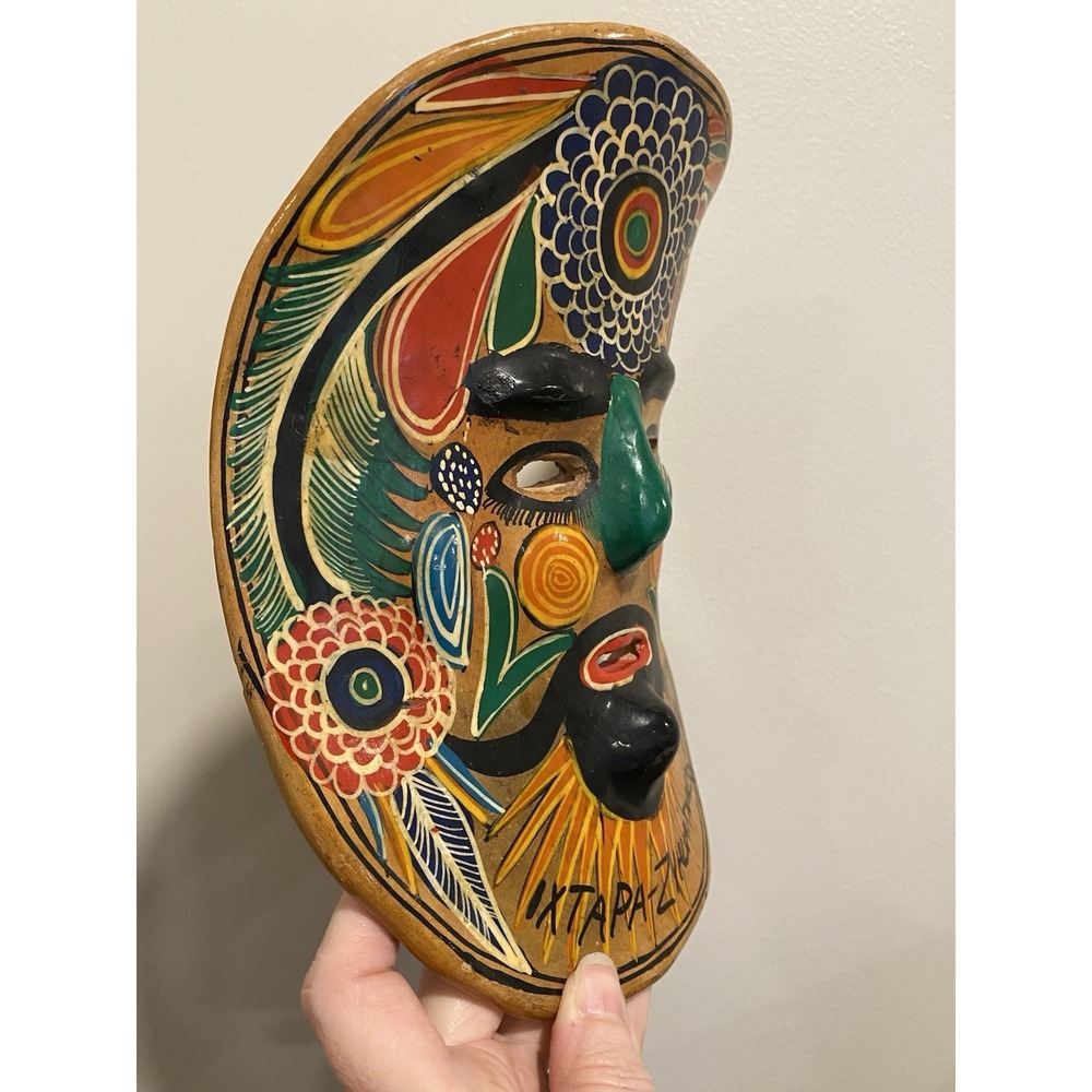 Vtg Mexican Clay Colorful Folk Art Mask Hand Painted 9"x7" Ixtapa-Zihuatanejo - Picture 2 of 5